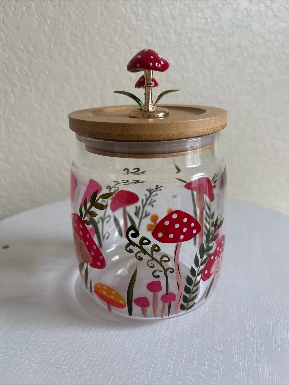 Glass Mushroom Jar with Bamboo Lid - Red & Pink Mushroom Design